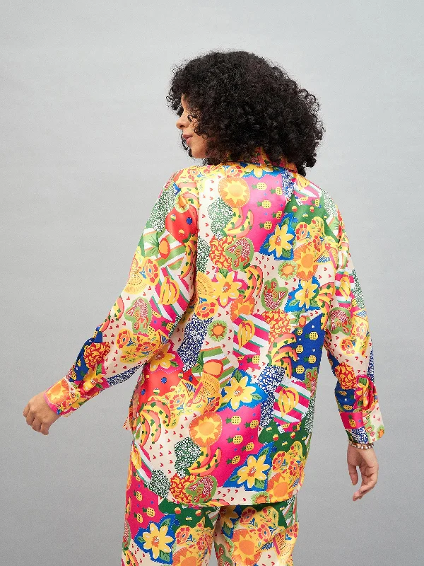 Lyush Women Yellow Multi Satin Abstract Oversized Shirt Print Jacquard Patchwork