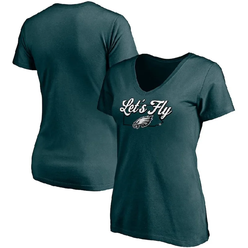 Philadelphia Eagles Women's Midnight Green Hometown Collection Wildcat V-Neck T-Shirt Graphic Embroidered Appliqued Philadelphia Eagles Women's Midnight Green Hometown Collection Wildcat V-Neck T-Shirt Graphic Embroidered Appliqued