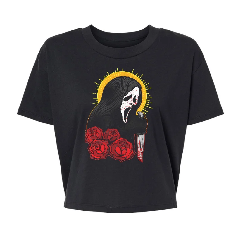 Saint Of Woodsboro - Alternative Women's Crop Tee Front Pockets Side Pockets Patch Pockets Saint Of Woodsboro - Alternative Women's Crop Tee Front Pockets Side Pockets Patch Pockets