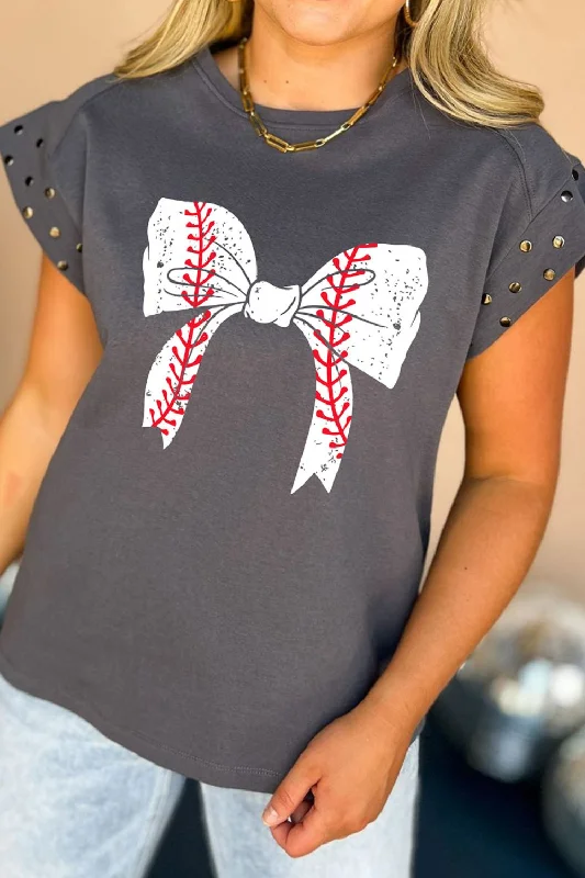Studded Bow Graphic T-Shirt with Cap Sleeves in Round Neck Style Striped Floral Plaid Studded Bow Graphic T-Shirt with Cap Sleeves in Round Neck Style Striped Floral Plaid