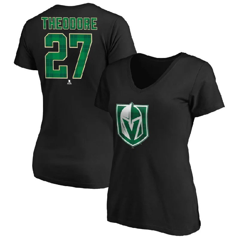 Vegas Golden Knights Shea Theodore #27 Women's St. Patrick's Name & Number T-Shirt Spandex Blend Rayon Blend Denim Blend Vegas Golden Knights Shea Theodore #27 Women's St. Patrick's Name & Number T-Shirt Spandex Blend Rayon Blend Denim Blend