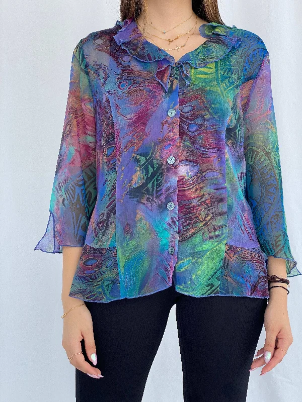 Vintage Lisa Chesnay Printed Sheer Shirt - Size XL Mesh Blend Leather Blend Suede Blend Vintage Lisa Chesnay Printed Sheer Shirt - Size XL Mesh Blend Leather Blend Suede Blend