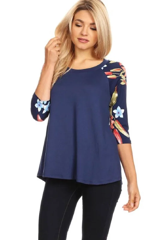 Womens Navy Blue Top | 3/4 Sleeve Shirt | Tropical Print Tunic Welt Pockets Slit Pockets Womens Navy Blue Top | 3/4 Sleeve Shirt | Tropical Print Tunic Welt Pockets Slit Pockets