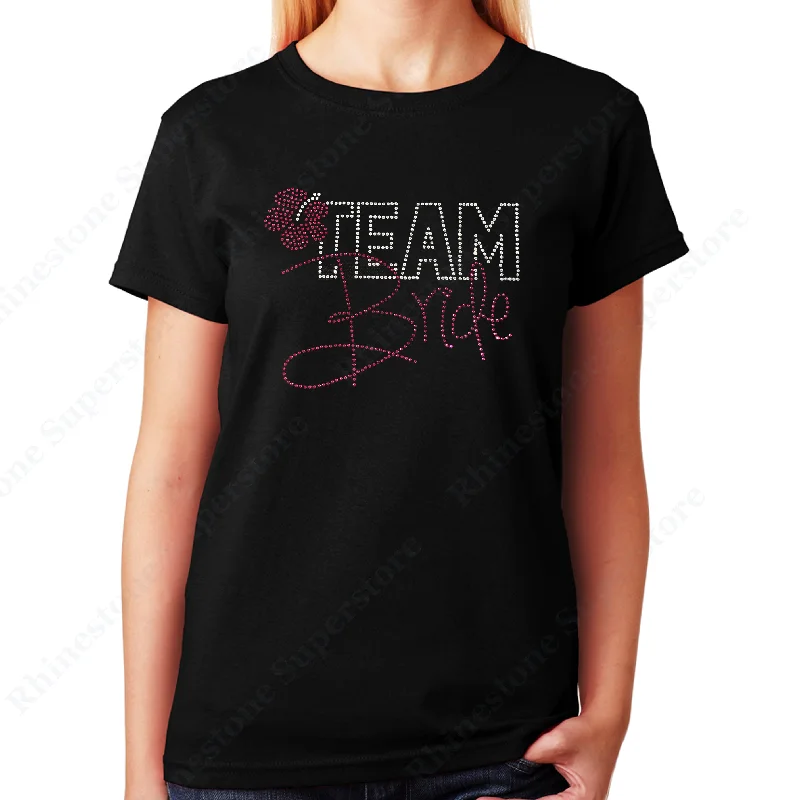 Women's / Unisex T-Shirt with Pink Team Bride with Flower in Rhinestones Basic T-Shirt Crew Neck Short Sleeve Women's / Unisex T-Shirt with Pink Team Bride with Flower in Rhinestones Basic T-Shirt Crew Neck Short Sleeve